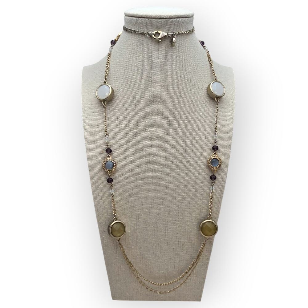 Blue Cabochon & Neutral Stone Long LOFT Necklace – Romantic Classic Chic